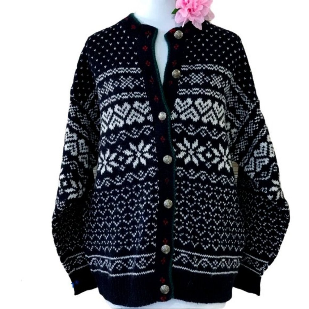 LL Bean Vintage USA L Nordic Fair Isle Blue Cardigan Heart Floral Silver Buttons